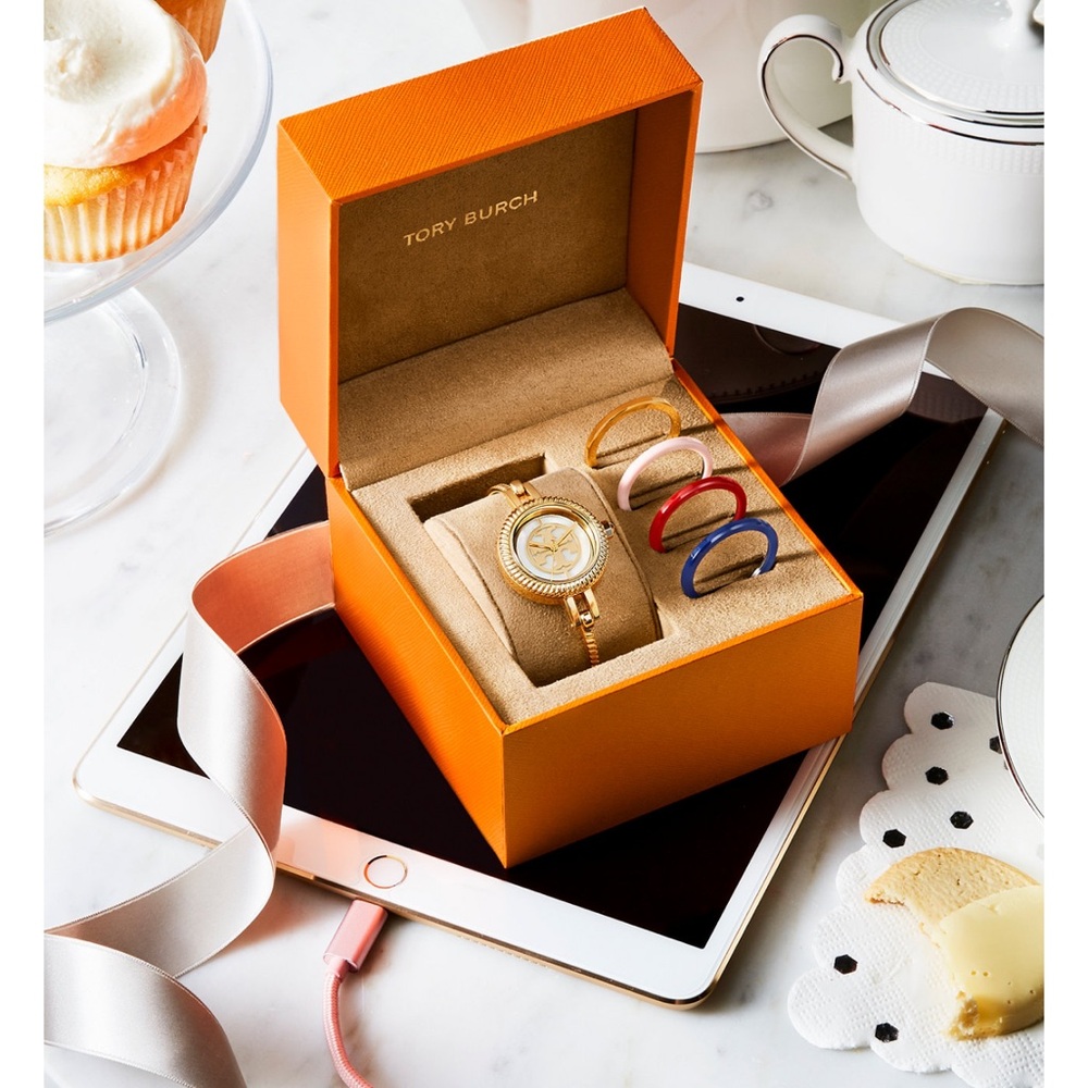 Tory Burch Reva Gold-Tone Stainless Steel Bangle Bracelet Watch 27mm Gift Set - Picture 2 of 13